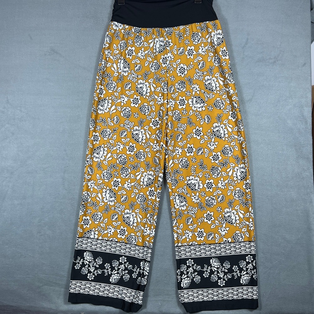 Apt 9 Womens Pants Size L Yellow Black Floral Wide Leg Palazzo Ruched Waistband